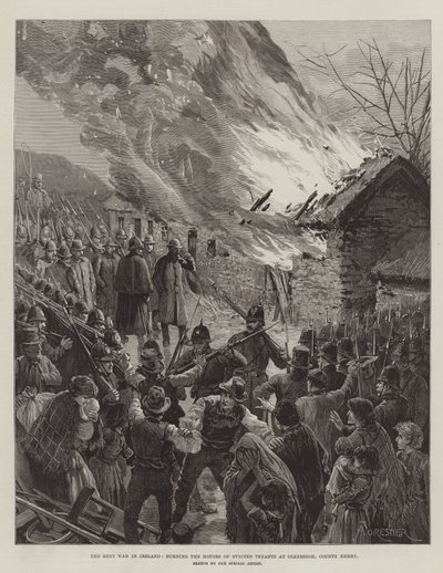 Husleiekrigen i Irland, brenner husene til utkastede leietakere i Glenbeigh, County Kerry av Amedee Forestier