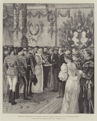 The Royal Home-Coming i Bucuresti, ordføreren tilbyr brød og salt på jernbanestasjonen av Amedee Forestier