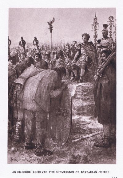 Keiseren mottar underkastelse av barbarhøvdinger, illustrasjon fra den romerske soldaten, 1928 av Amedee Forestier