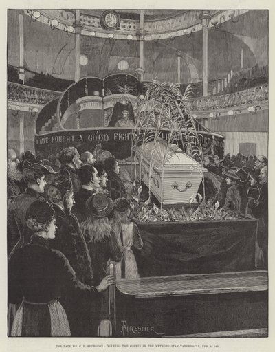 Den avdøde Mr CH Spurgeon, ser på kisten i Metropolitan Tabernacle, 9. februar 1892 av Amedee Forestier