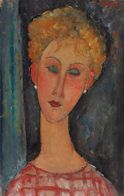 Blond kvinne med krøllete hår; Blondinen med øredobber, ca. 1918-1919 av Amedeo Modigliani