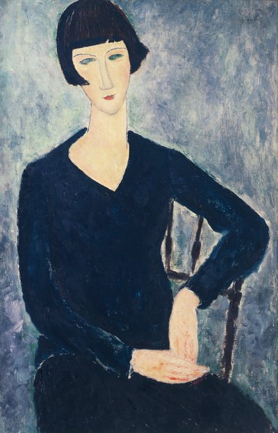 Ung kvinne med frynser eller ung sittende kvinne i blå kjole av Amedeo Modigliani