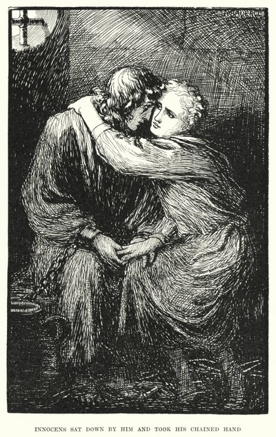 Innocens satte seg ned ved ham og tok hans lenkede hånd (gravering) av Amelia M. (attr.to) Bowerley or Bauerle