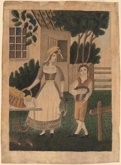 Kvinne og gutt med proviant av American 19th Century