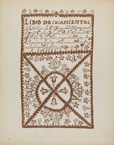 Plate 1: Jemez Book of Marriages: Fra porteføljen "Spanish Colonial Designs of New Mexico" av American 20th Century