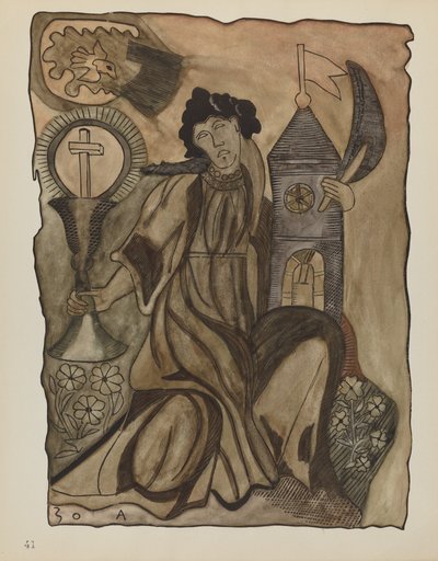 Plate 41: Saint Barbara: Fra porteføljen "Spanish Colonial Designs of New Mexico" av American 20th Century