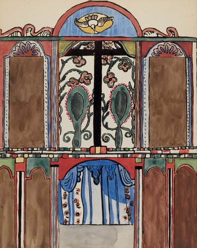 Plate 5: Hovedaltertavle, Santa Cruz: Fra porteføljen "Spanish Colonial Designs of New Mexico" av American 20th Century