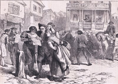 Bostonianere som leser Stamp Act, illustrasjon fra Cassells History of the United States utgitt av Cassell, Petter & Galpin, ca. 1900 (litho) av American English school