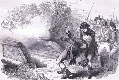Death of Isaac Davis, illustrasjon fra Cassells History of the United States utgitt av Cassell, Petter & Galpin, ca. 1900 (litho) av American English school