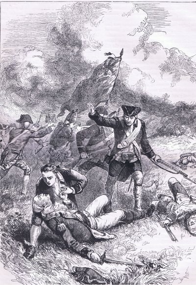 Death of Major Pitcairn, illustrasjon fra Cassells History of the United States utgitt av Cassell, Petter & Galpin, ca. 1900 (litho) av American English school