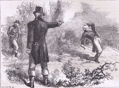 Duell mellom Burr og Hamilton, illustrasjon fra Cassells History of the United States utgitt av Cassell, Petter & Galpin, ca. 1900 (litho) av American English school
