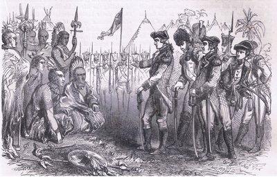 General Burgoyne henvender seg til indianerne, illustrasjon fra Cassells History of the United States utgitt av Cassell, Petter & Galpin, ca. 1900 (litho) av American English school