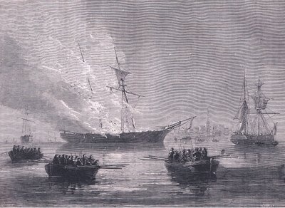 The burning of Gaspe, illustrasjon fra Cassells History of the United States utgitt av Cassell, Petter & Galpin, ca. 1900 (litho) av American English school