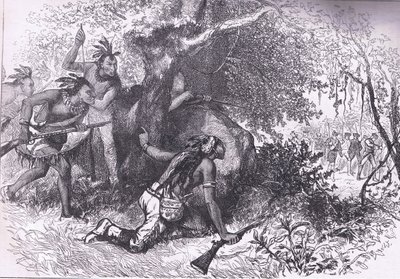 Treachery of the Cherokees 1760, illustrasjon fra Cassells History of the United States utgitt av Cassell, Petter & Galpin, ca. 1900 (litho) av American English school