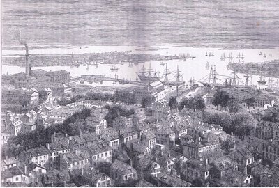 View of Boston av Bunkers Hill, illustrasjon fra Cassells History of the United States utgitt av Cassell, Petter & Galpin, ca. 1900 (litho) av American English school