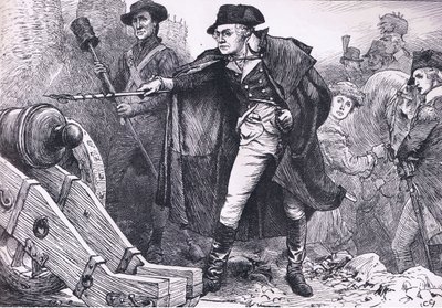 Washington ved beleiringen av Yorktown, illustrasjon fra Cassells History of the United States utgitt av Cassell, Petter & Galpin, ca. 1900 (litho) av American English school