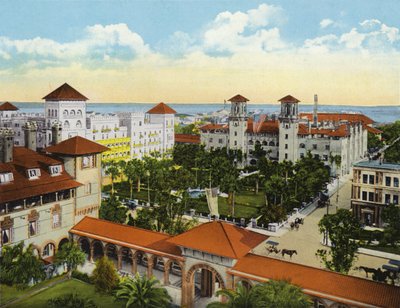 Fugleperspektiv av Alcazar og Cordova-hoteller fra Ponce de Leon, St. Augustine, Florida (bilde) av American Photographer (after)