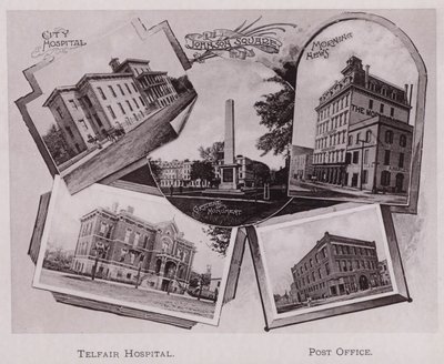 bysykehuset; Johnson Square; Greene Monument; Morning News, Telfair Hospital, Post Office (s/hvitt bilde) av American Photographer (after)