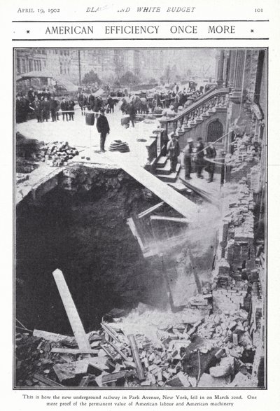Kollaps av en del av T-banetunnelen på Park Avenue, New York City, USA, 22. mars 1902 (s/hvitt-bilde) av American Photographer (after)