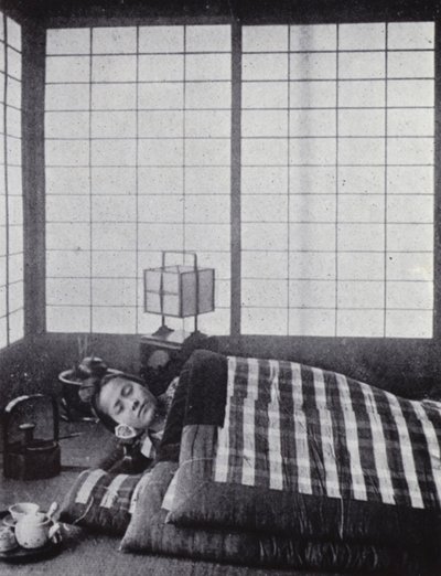 Jente sover mellom vatterte dyner med en trepute (s/hv-bilde) av American Photographer (after)