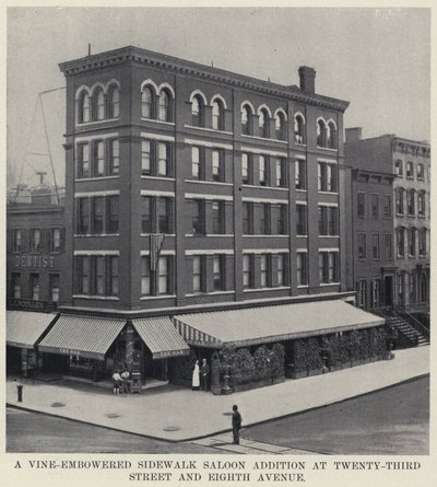 En vine-embowered fortau Saloon-tillegg på Twenty-Third Street og Eighth Eight (s/hv-bilde) av American Photographer