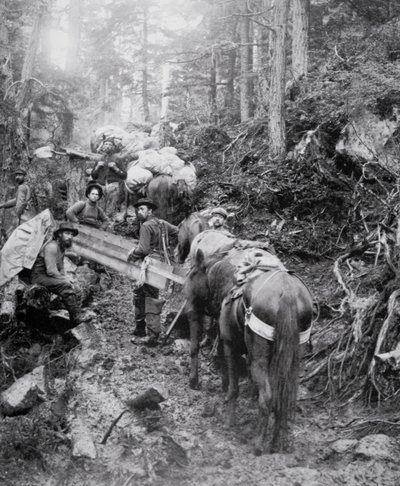 Klatring av Dyea Trail på vei til Chilkoot Pass under Klondike Gold Rush (1897-98) (s/hvitt bilde) av American Photographer