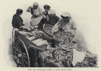 Fiske- og grønnsaksvogner, en tett beregning (s/hvitt-bilde) av American Photographer