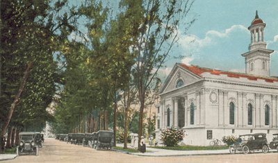 Miami, Florida, ca. 1925: Gatebilde som viser den presbyterianske kirke (fargebilde) av American Photographer