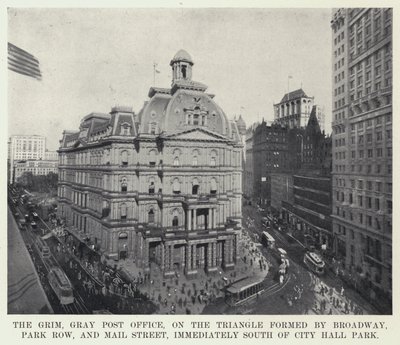 The Grim, Grey Post Office, i trekanten dannet av Broadway, Park Row og Mail Street, umiddelbart sør for City Hall Park (s/h-bilde) av American Photographer