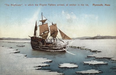 Mayflower, som pilegrimsfedrene ankom med, for anker i isen, Plymouth, Massachusetts (fargebilde) av American Photographer