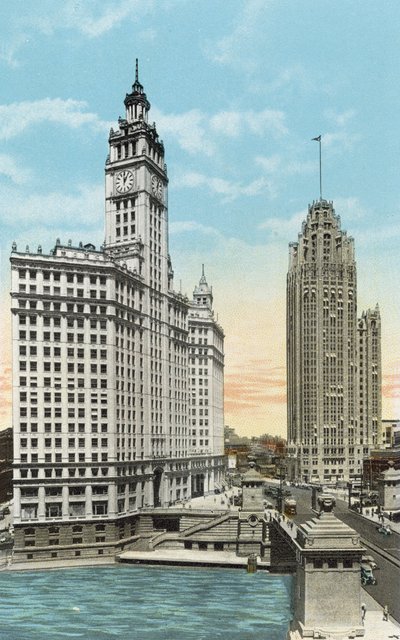 Wrigley Building og Tribune Tower (farget bilde) av American Photographer