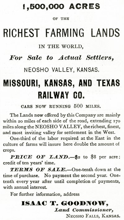 1 500 000 dekar av de rikeste jordbruksland i verden, i Neosho Valley, Kansas, annonse fra Appletons Journal, 4. mai 1872 av American School