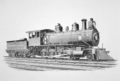 Et lokomotiv av 2-8-0 Consolidation type bygget av Baldwin i juni 1889 for Northern Pacific Railway (litho) av American School