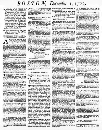 En Broadside-avis som beskriver begivenhetene under Boston Tea Party, desember 1773 (trykk) av American School