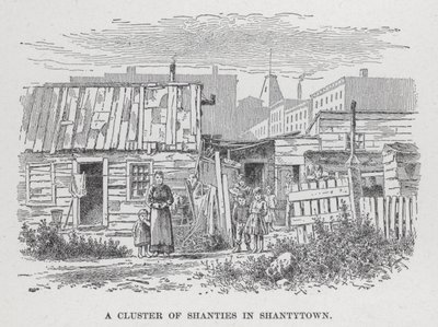 En klynge av shanties i Shantytown (litho) av American School