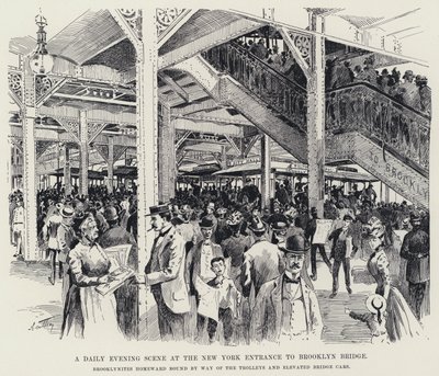 En daglig kveldsscene ved New York-inngangen til Brooklyn Bridge (litho) av American School