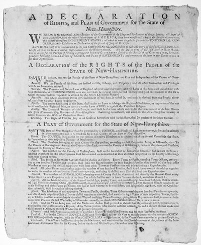 En erklæring om rettigheter og regjeringsplan for staten New Hampshire, 1779 (trykk) av American School