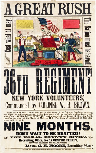 A Great Rush, rekrutteringsplakat for 36. regiment, utgitt av Baker & Goodwin av American School
