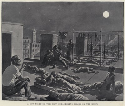 En varm natt på østsiden, søker lindring på takene (litho) av American School