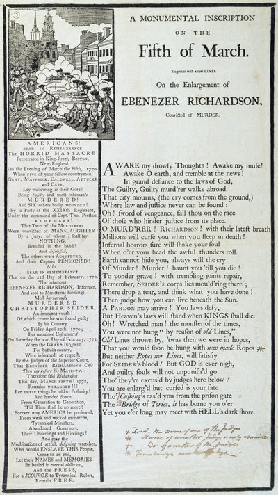 En monumental inskripsjon den femte mars, 1772 (trykk) av American School