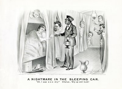 A Nightmare in the Sleeping Car: Å, jeg var s-o-o tørr! Chorus: Dry up and bust., publisert ca. 1875 (litho) av American School