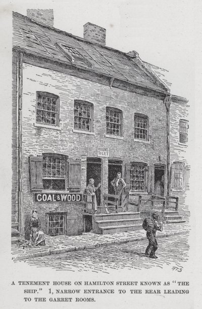 Et leiegårdshus på Hamilton Street kjent som "The Ship," 1, smal inngang på baksiden som fører til Garret-rommene (litho) av American School