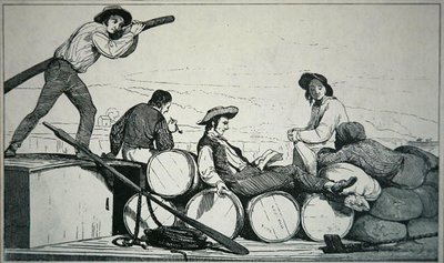 En flatbåt som frakter last på Mississippi-elven, ca. 1840 (gravering) av American School