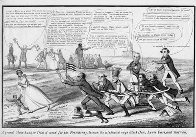 En storslått slavejakt, eller, prøvelse av fart for presidentskapet, mellom de berømte gnagene Black Dan, Lewis Cass og Haynau, utgitt av T.C., New York, ca. 1852 av American School