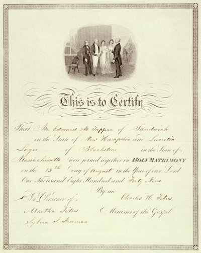 En vigselsattest fra 1849 av American School