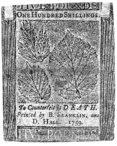 En hundre shillingseddel trykt av B. Franklin og D. Hall, 1759 (trykk) av American School