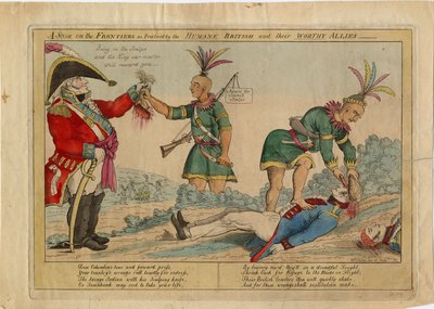 En scene på grensene som praktisert av de humane britene og deres verdige allierte, ca. 1813 (håndfarget etsning) av American School