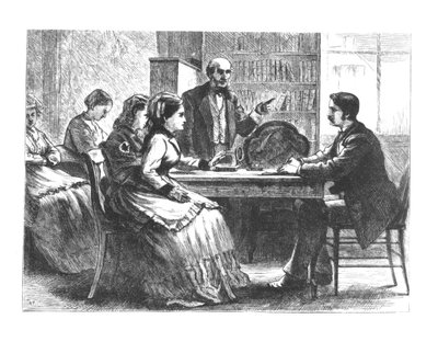 En kvinne forhandler med en fabrikksjef, assistert av en rådgiver fra Susan B. Anthonys nye Working Womens Protective Association, 1860-70-tallet av American School
