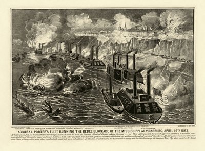Admiral Porters flåte som kjører opprørsblokaden av Mississippi i Vicksburg, 16. april 1863, pub. 1863 (gravering) av American School
