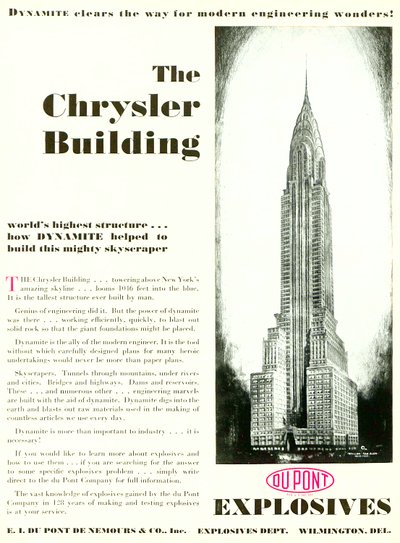 Annonse med The Chrysler Building, fra DuPont Magazine, mai 1930 av American School